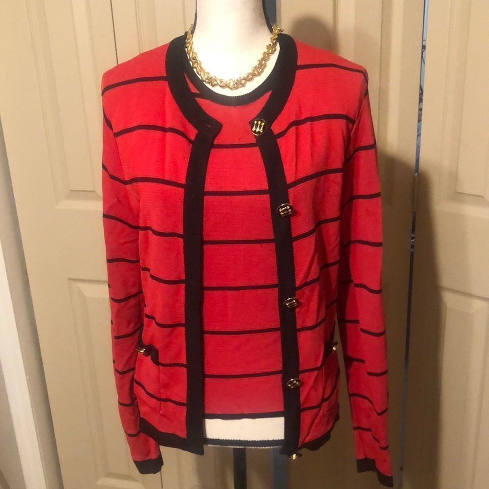 Cach’e 2 piece red and black sweater set size medium